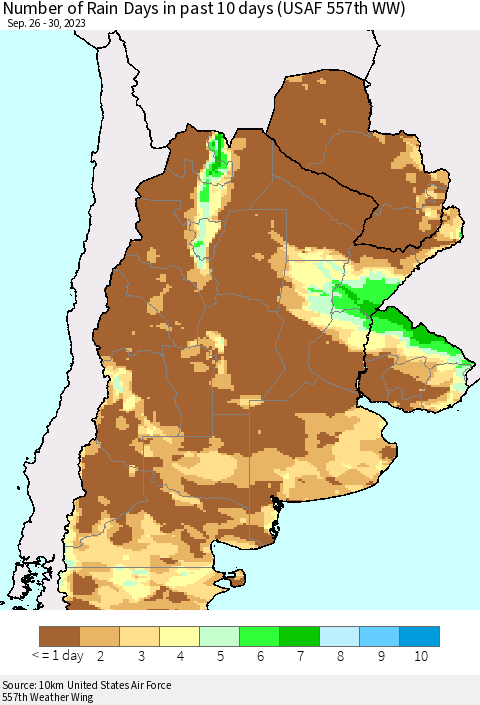 Southern South America Number of Rain Days in past 10 days (USAF 557th WW) Thematic Map For 9/26/2023 - 9/30/2023