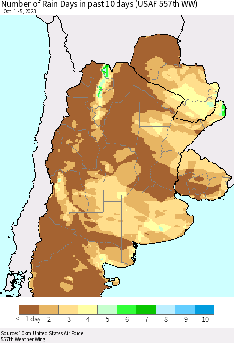 Southern South America Number of Rain Days in past 10 days (USAF 557th WW) Thematic Map For 10/1/2023 - 10/5/2023