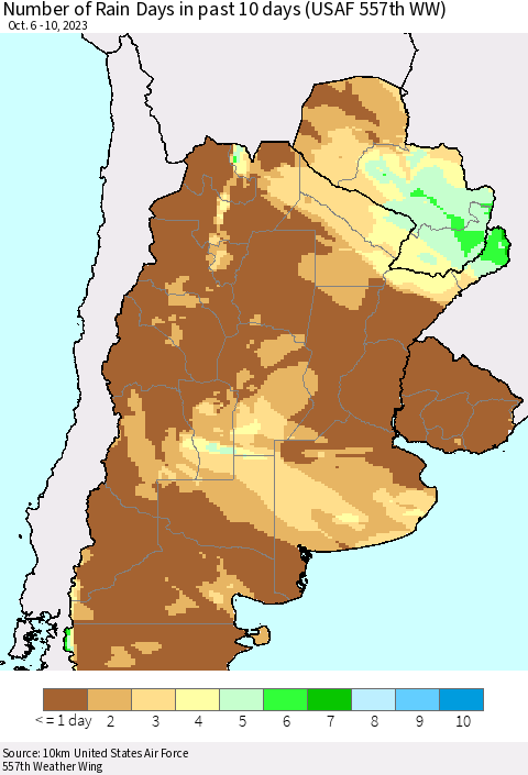 Southern South America Number of Rain Days in past 10 days (USAF 557th WW) Thematic Map For 10/6/2023 - 10/10/2023