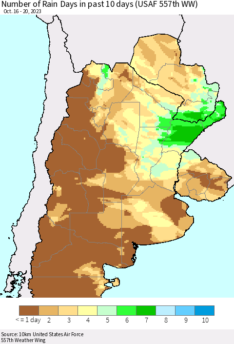 Southern South America Number of Rain Days in past 10 days (USAF 557th WW) Thematic Map For 10/16/2023 - 10/20/2023