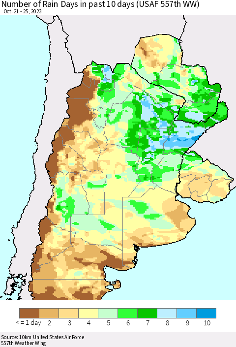 Southern South America Number of Rain Days in past 10 days (USAF 557th WW) Thematic Map For 10/21/2023 - 10/25/2023