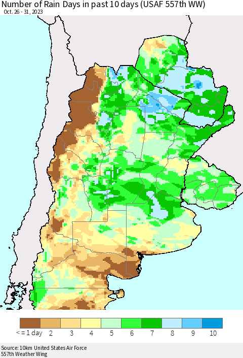 Southern South America Number of Rain Days in past 10 days (USAF 557th WW) Thematic Map For 10/26/2023 - 10/31/2023