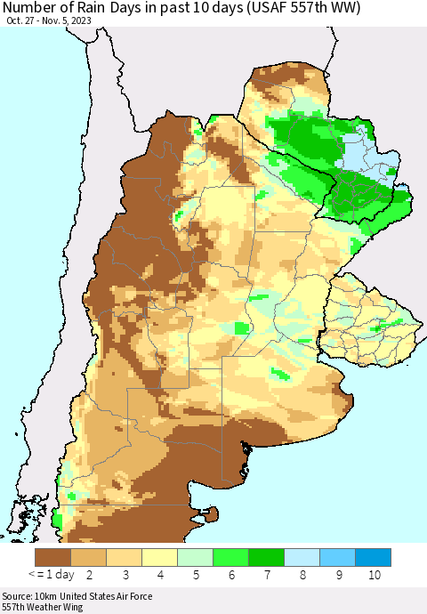 Southern South America Number of Rain Days in past 10 days (USAF 557th WW) Thematic Map For 11/1/2023 - 11/5/2023