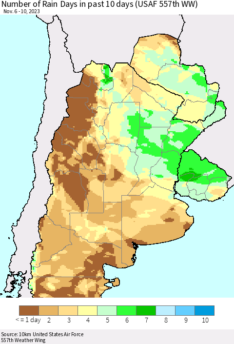 Southern South America Number of Rain Days in past 10 days (USAF 557th WW) Thematic Map For 11/6/2023 - 11/10/2023