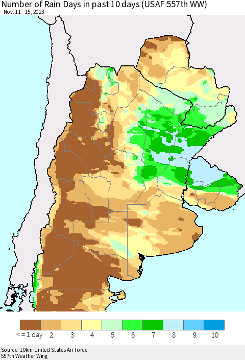 Southern South America Number of Rain Days in past 10 days (USAF 557th WW) Thematic Map For 11/11/2023 - 11/15/2023