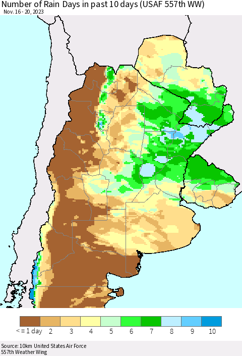 Southern South America Number of Rain Days in past 10 days (USAF 557th WW) Thematic Map For 11/16/2023 - 11/20/2023