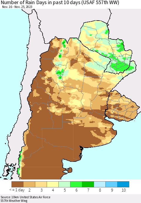 Southern South America Number of Rain Days in past 10 days (USAF 557th WW) Thematic Map For 11/21/2023 - 11/25/2023