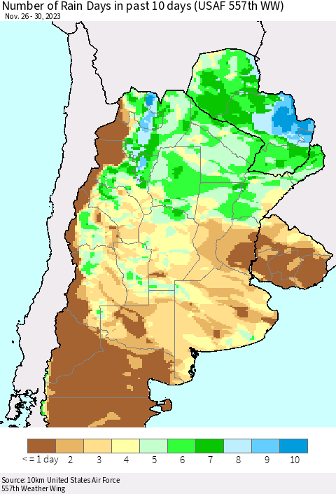Southern South America Number of Rain Days in past 10 days (USAF 557th WW) Thematic Map For 11/26/2023 - 11/30/2023