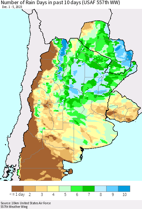 Southern South America Number of Rain Days in past 10 days (USAF 557th WW) Thematic Map For 12/1/2023 - 12/5/2023