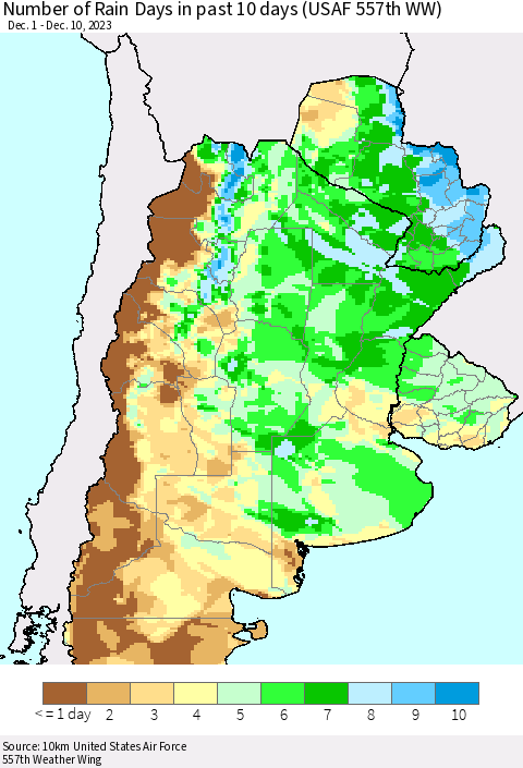 Southern South America Number of Rain Days in past 10 days (USAF 557th WW) Thematic Map For 12/6/2023 - 12/10/2023