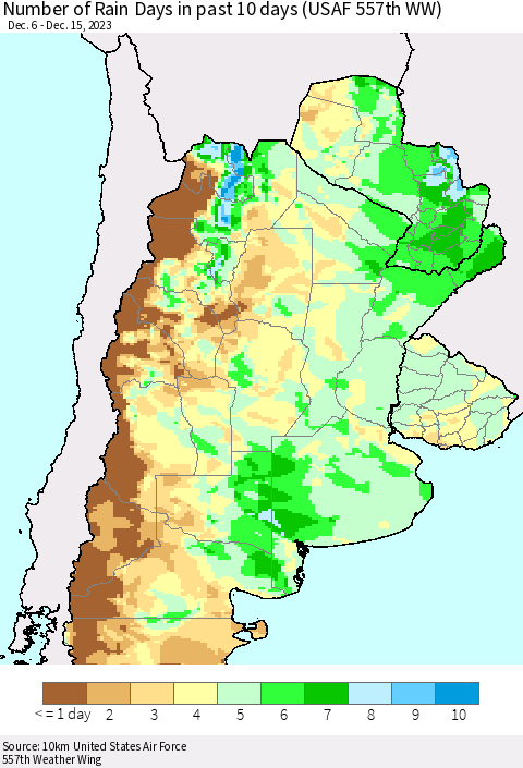 Southern South America Number of Rain Days in past 10 days (USAF 557th WW) Thematic Map For 12/11/2023 - 12/15/2023
