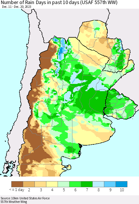 Southern South America Number of Rain Days in past 10 days (USAF 557th WW) Thematic Map For 12/16/2023 - 12/20/2023