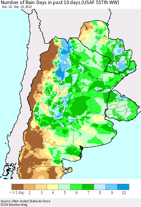 Southern South America Number of Rain Days in past 10 days (USAF 557th WW) Thematic Map For 12/21/2023 - 12/25/2023
