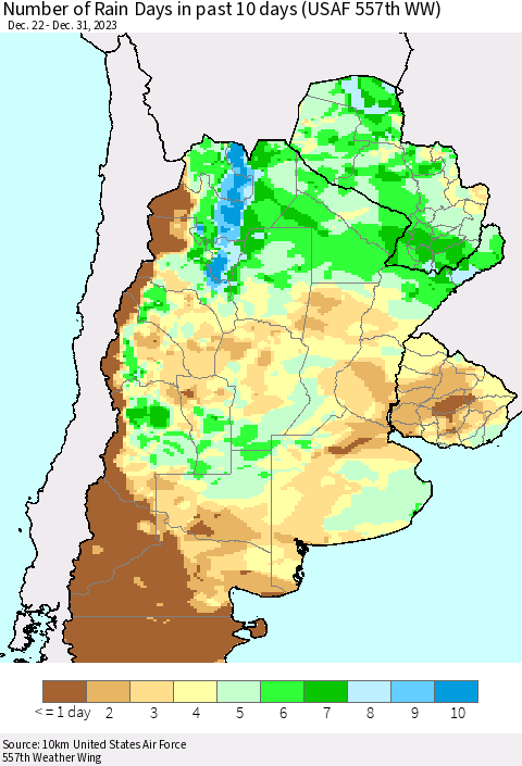Southern South America Number of Rain Days in past 10 days (USAF 557th WW) Thematic Map For 12/26/2023 - 12/31/2023
