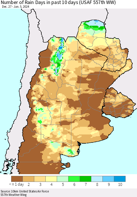 Southern South America Number of Rain Days in past 10 days (USAF 557th WW) Thematic Map For 1/1/2024 - 1/5/2024