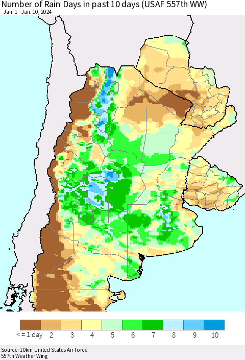 Southern South America Number of Rain Days in past 10 days (USAF 557th WW) Thematic Map For 1/6/2024 - 1/10/2024