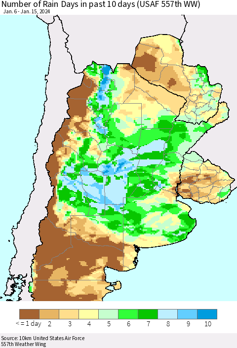 Southern South America Number of Rain Days in past 10 days (USAF 557th WW) Thematic Map For 1/11/2024 - 1/15/2024
