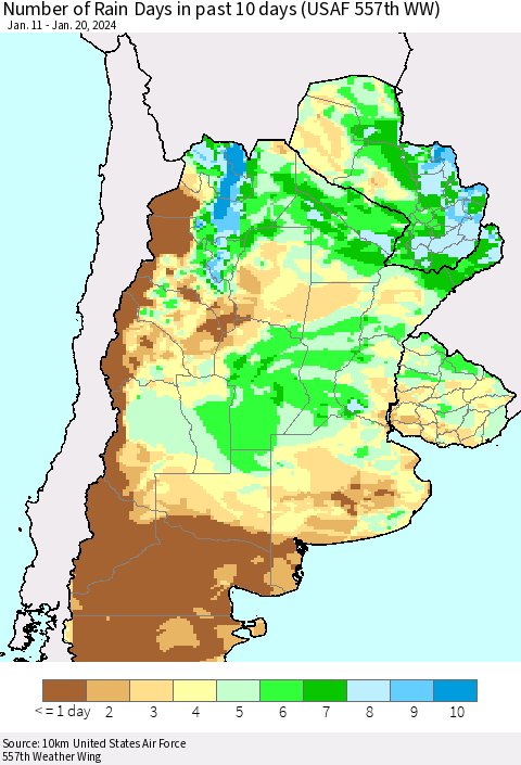 Southern South America Number of Rain Days in past 10 days (USAF 557th WW) Thematic Map For 1/16/2024 - 1/20/2024