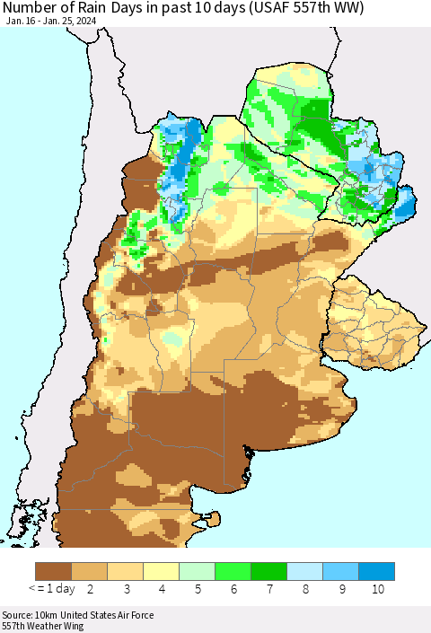 Southern South America Number of Rain Days in past 10 days (USAF 557th WW) Thematic Map For 1/21/2024 - 1/25/2024