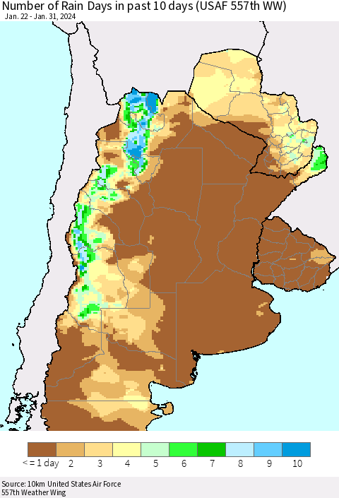 Southern South America Number of Rain Days in past 10 days (USAF 557th WW) Thematic Map For 1/26/2024 - 1/31/2024