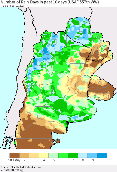 Southern South America Number of Rain Days in past 10 days (USAF 557th WW) Thematic Map For 2/6/2024 - 2/10/2024