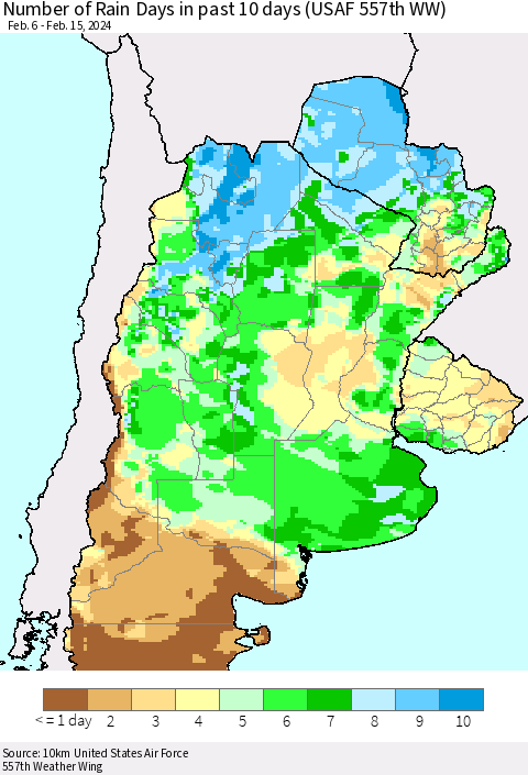 Southern South America Number of Rain Days in past 10 days (USAF 557th WW) Thematic Map For 2/11/2024 - 2/15/2024