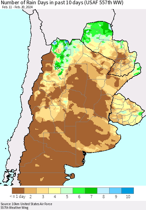Southern South America Number of Rain Days in past 10 days (USAF 557th WW) Thematic Map For 2/16/2024 - 2/20/2024