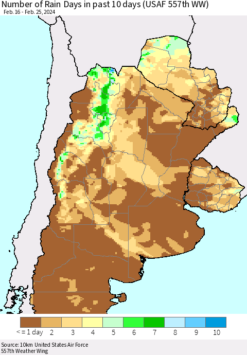 Southern South America Number of Rain Days in past 10 days (USAF 557th WW) Thematic Map For 2/21/2024 - 2/25/2024