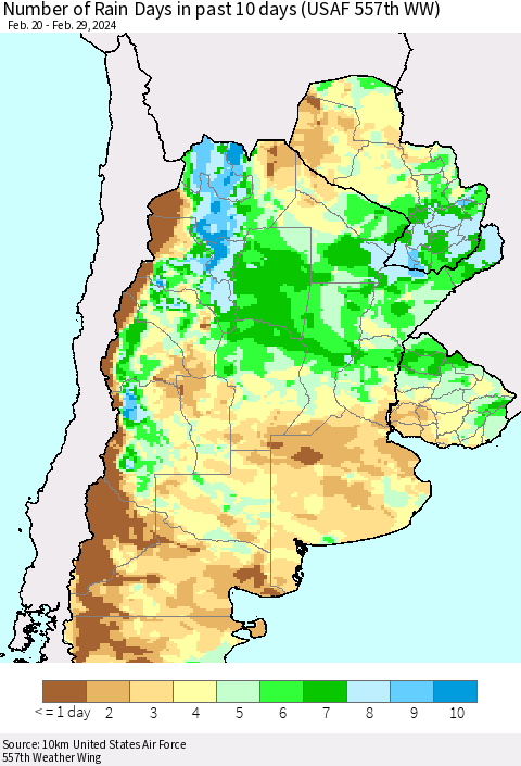 Southern South America Number of Rain Days in past 10 days (USAF 557th WW) Thematic Map For 2/26/2024 - 2/29/2024