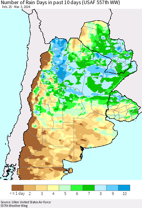 Southern South America Number of Rain Days in past 10 days (USAF 557th WW) Thematic Map For 3/1/2024 - 3/5/2024