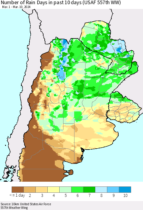 Southern South America Number of Rain Days in past 10 days (USAF 557th WW) Thematic Map For 3/6/2024 - 3/10/2024