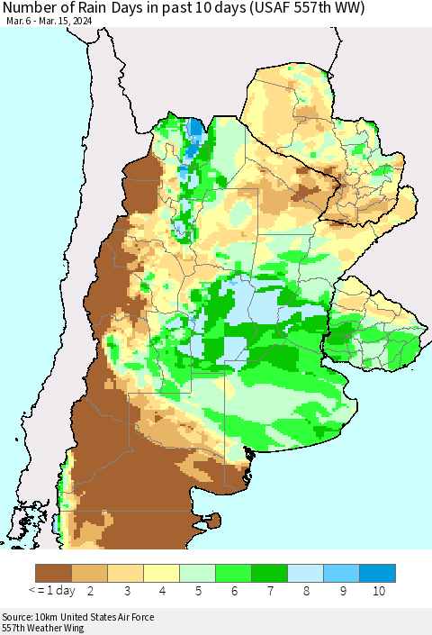 Southern South America Number of Rain Days in past 10 days (USAF 557th WW) Thematic Map For 3/11/2024 - 3/15/2024