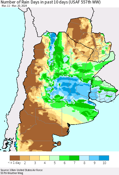 Southern South America Number of Rain Days in past 10 days (USAF 557th WW) Thematic Map For 3/16/2024 - 3/20/2024