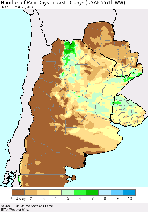 Southern South America Number of Rain Days in past 10 days (USAF 557th WW) Thematic Map For 3/21/2024 - 3/25/2024