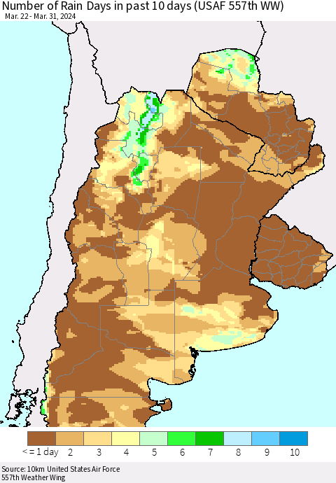 Southern South America Number of Rain Days in past 10 days (USAF 557th WW) Thematic Map For 3/26/2024 - 3/31/2024