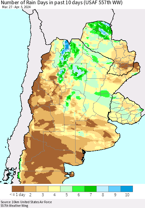Southern South America Number of Rain Days in past 10 days (USAF 557th WW) Thematic Map For 4/1/2024 - 4/5/2024