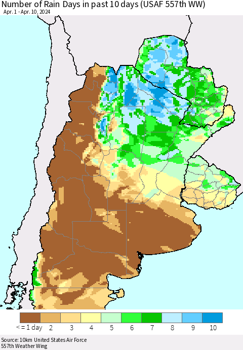 Southern South America Number of Rain Days in past 10 days (USAF 557th WW) Thematic Map For 4/6/2024 - 4/10/2024