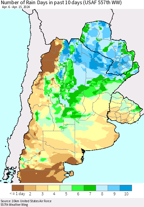Southern South America Number of Rain Days in past 10 days (USAF 557th WW) Thematic Map For 4/11/2024 - 4/15/2024