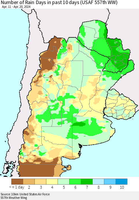 Southern South America Number of Rain Days in past 10 days (USAF 557th WW) Thematic Map For 4/16/2024 - 4/20/2024