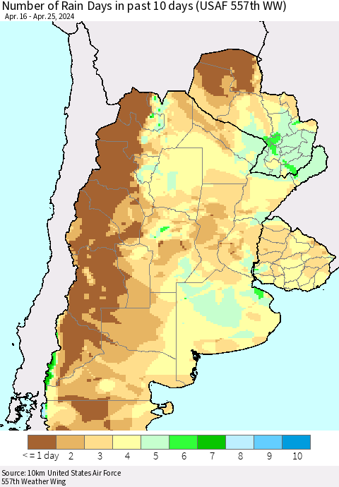 Southern South America Number of Rain Days in past 10 days (USAF 557th WW) Thematic Map For 4/21/2024 - 4/25/2024
