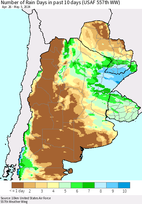Southern South America Number of Rain Days in past 10 days (USAF 557th WW) Thematic Map For 5/1/2024 - 5/5/2024