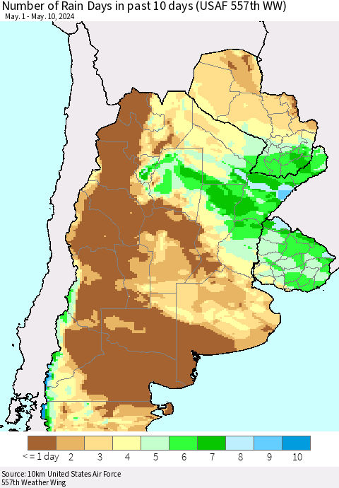 Southern South America Number of Rain Days in past 10 days (USAF 557th WW) Thematic Map For 5/6/2024 - 5/10/2024