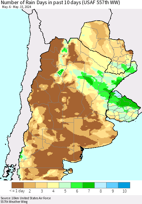 Southern South America Number of Rain Days in past 10 days (USAF 557th WW) Thematic Map For 5/11/2024 - 5/15/2024