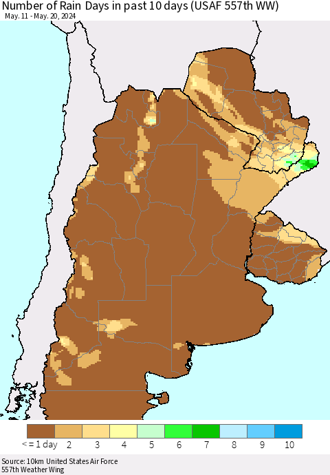 Southern South America Number of Rain Days in past 10 days (USAF 557th WW) Thematic Map For 5/16/2024 - 5/20/2024