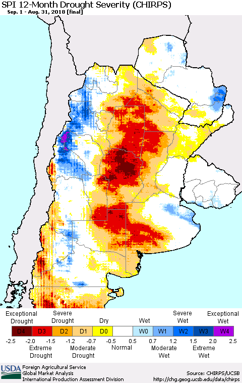 Southern South America SPI 12-Month Drought Severity (CHIRPS) Thematic Map For 9/1/2017 - 8/31/2018