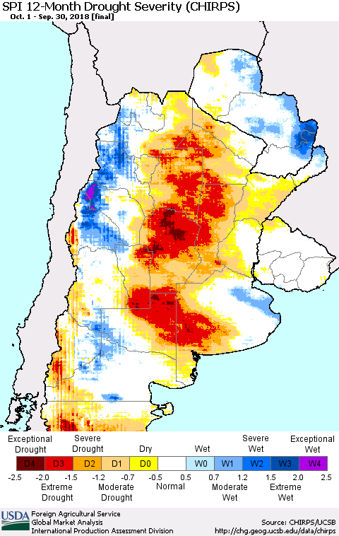 Southern South America SPI 12-Month Drought Severity (CHIRPS) Thematic Map For 10/1/2017 - 9/30/2018