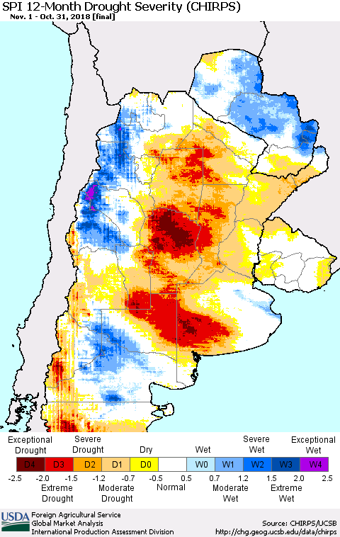 Southern South America SPI 12-Month Drought Severity (CHIRPS) Thematic Map For 11/1/2017 - 10/31/2018