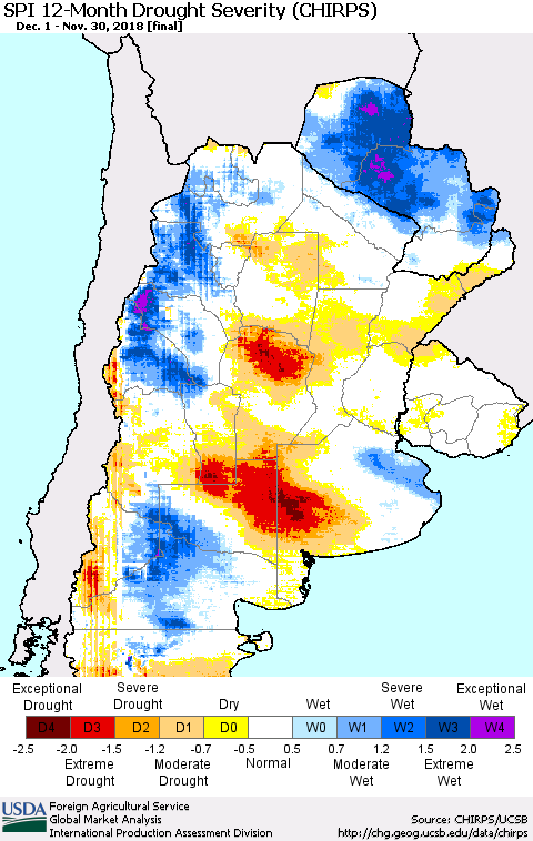 Southern South America SPI 12-Month Drought Severity (CHIRPS) Thematic Map For 12/1/2017 - 11/30/2018