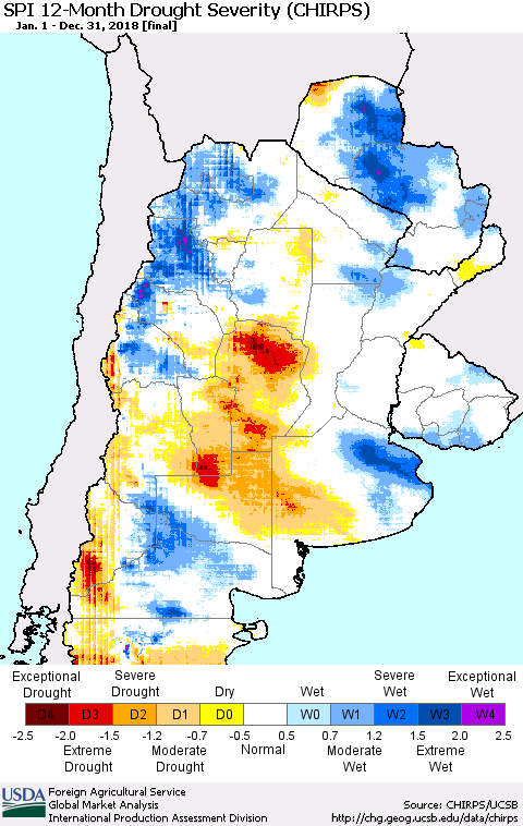 Southern South America SPI 12-Month Drought Severity (CHIRPS) Thematic Map For 1/1/2018 - 12/31/2018