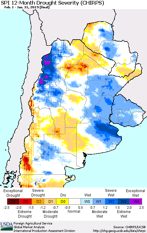 Southern South America SPI 12-Month Drought Severity (CHIRPS) Thematic Map For 2/1/2018 - 1/31/2019